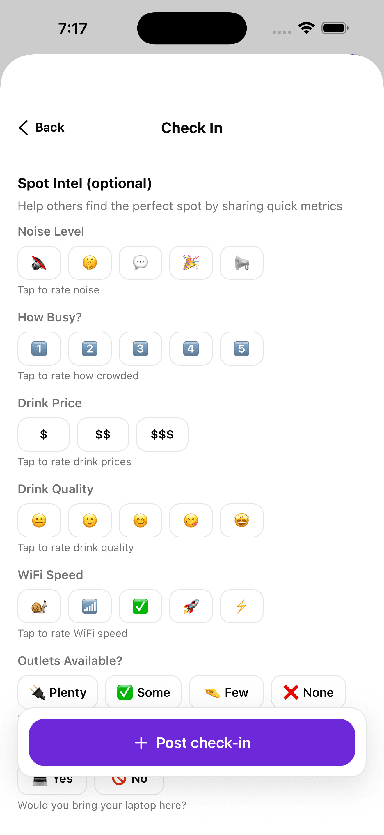 Perched check-in flow screen for rating noise, crowd level, drink price, drink quality, WiFi speed, and outlet availability.
