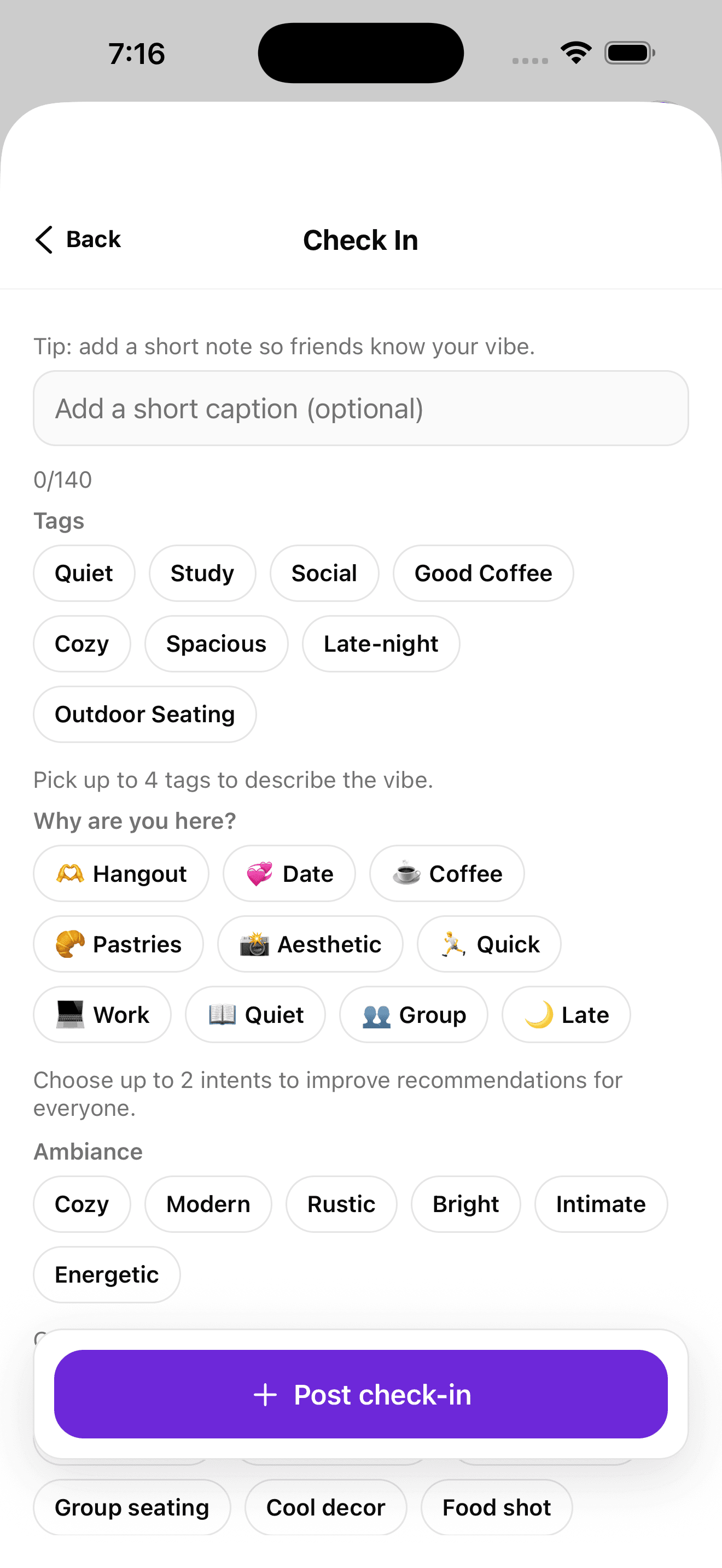 Perched check-in flow screen for adding vibe tags, visit intent, and ambiance details.